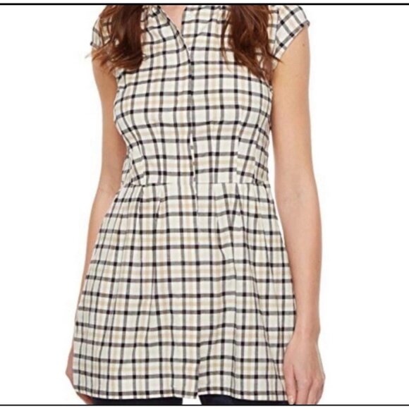 Pendleton Plaid Mini Dress Sz 12 (M/L) Womens Navy Blue Tan Short Sleeve Button - Picture 1 of 16